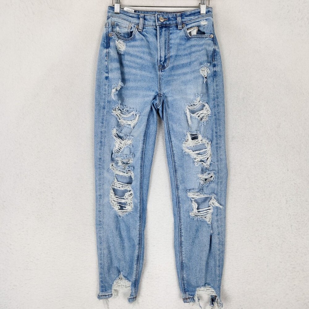 American Eagle Jeans Women 0 Short Blue Mom Jean Distressed Stretch Casual Denim